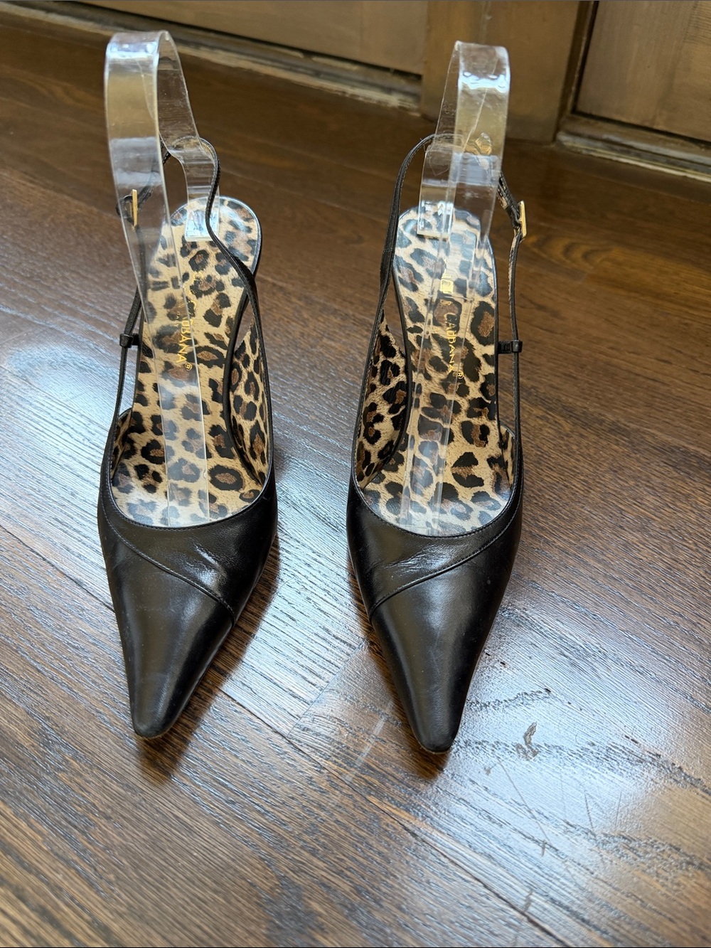 DOLCE & GABBANA VTG Black Leather Slingback Heel Pointed Toe Y2K 2000s Size 38.5